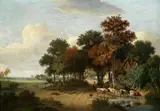 Cattle watering in an East Anglian landscape by Samuel David Colkett, oil on panel, sold Apr 2016