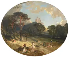 Picnicking in the park by Alfred Woolmer, oil on canvas, offered Apr 2016