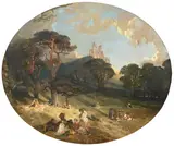 Alfred Woolmer, Picnicking in the park, oil on canvas