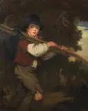 English School 19th century, A young lad setting off with hayrake,