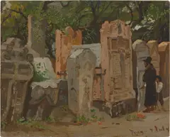 Der jüdische Friedhof in Prag by Christian Friedrich Gille, Öl auf Leinwand auf Pappe, sold Jun 2023