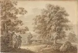 Landschaft mit zwei Männern an einem Ziehbrunnen by Johann Christian Reinhart, 1782, Feder und Pinsel in Braun sowie Pinsel in Grau über Bleistift auf Bütten, sold Jun 2023