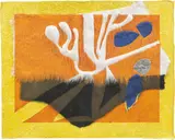 Jessica Stockholder, Ohne Titel, 2001, Holzschnitt, Reliefarbeit, Kunstpelz und Samt auf Karton