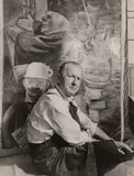 George Grosz vor seinem Gemälde 'Stützen der Gesellschaft' während seines Berliner Besuches by Jürgen Neven-du Mont, 1954, Vintage. Silbergelatineabzug, sold Jul 2020