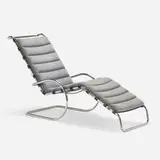Model 242 chaise lounge by Ludwig Mies van der Rohe, 1927 / 1986, chrome-plated steel, leather webbing, upholstered cushion, sold Apr 2024