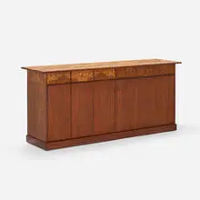 Country Villa cabinet by Milo Baughman, c. 1965, burl, walnut, cherry, brass, sold Apr 2024