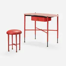Jacques Adnet, Vanity and stool, c. 1955, saddle-stitched leather over steel, enameled steel, brass, glass
