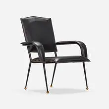 Lounge chair by Jacques Adnet, c. 1955, leatherette, enameled steel, brass, sold Apr 2024