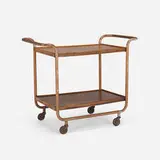 Bar cart by Mobili Metallici Pino, 1965, enameled steel, walnut, rubber, sold Apr 2024