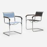 Marcel Breuer, Armchairs model B34, set of two, chrome-plated steel, lacquered walnut, Eisengarn canvas