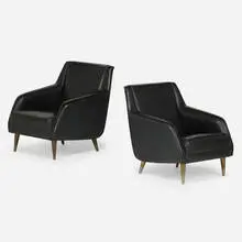 Lounge chairs model 802, pair by Carlo de Carli, 1954, vinyl, nickel-plated brass over wood, sold Apr 2024