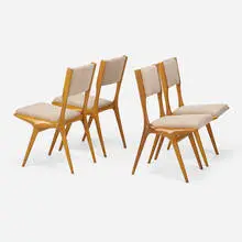 Dining chairs, set of four by Carlo de Carli, c. 1950, walnut, suede leather, sold Apr 2024
