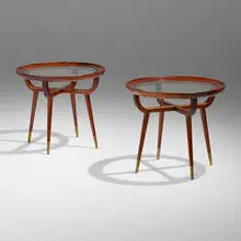 attribution Paolo Buffa, Occasional tables, pair, c. 1950, mahogany, glass, brass