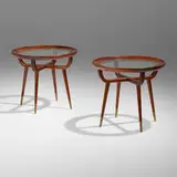 attribution Paolo Buffa, Occasional tables, pair, c. 1950, mahogany, glass, brass