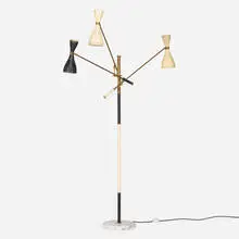 Three-arm floor lamp by Stilnovo, c. 1950, brass, enameled aluminum, marble, sold Apr 2024
