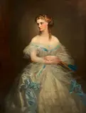 Franz Xaver Winterhalter, Portrait of a lady, three quarter length, in white chiffon dress with turquoise trim, holding a fan in her left hand, the wife of Sir Robert Caulfield, oil on canvas
