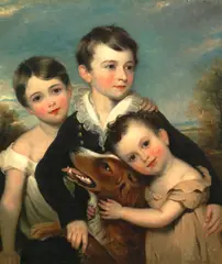 of Nottingham Barber Thomas, Portrait of three children with their dog, oil on canvas