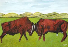 Fighting Bulls by James Lloyd, ink, watercolour and gouache, offered Apr 2016