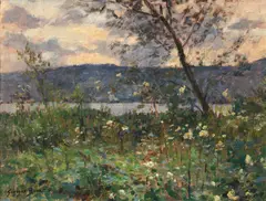 Georges Binet, Landscape with lake, oil on board