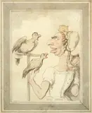 Thomas Rowlandson, Miss Croak with parrots and a cat, pen and ink and watercolour on paper