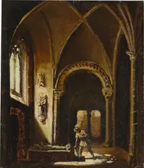 Franz Ludwig Catel, Ritter am Grabmal einer gotischen Kapelle, Um 1835, Öl auf Karton auf Pressspan aufgezogen