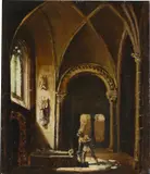 Franz Ludwig Catel, Ritter am Grabmal einer gotischen Kapelle, Um 1835, Öl auf Karton auf Pressspan aufgezogen