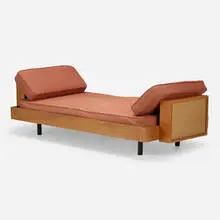 Frank Lloyd Wright, Daybed, c. 1950, alder, jute, upholstery, painted steel