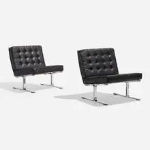 Lounge chairs model F60, pair by Karl-Erik Ekselius, c. 1965, leather, chrome-plated steel, rubber straps, sold Apr 2024