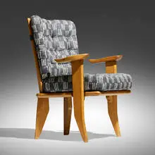Armchair by Robert Guillerme & Jacques Chambron, c. 1950, oak, Claremont Fabric upholstery, sold Apr 2024