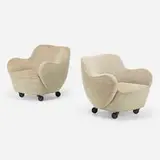 Barrel chairs, pair by Vladimir Kagan, 1947, Knoll Atelier Confetti upholstery, casters, sold Apr 2024