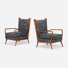 Lounge chairs, pair by Rino Levi, c. 1965, Italian walnut, Jennifer Shorto upholstery, sold Apr 2024