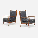 Rino Levi, Lounge chairs, pair, c. 1965, Italian walnut, Jennifer Shorto upholstery