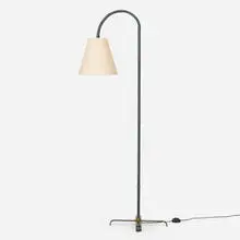 Floor lamp by attribution Jacques Adnet, c. 1950, saddle-stitched leather, brass, sold Apr 2024