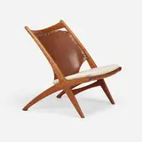 Cross lounge chair by Fredrik Kayser and Adolf Relling, 1955, walnut, leather, rope, webbing, sold Apr 2024