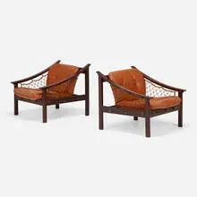 Lounge chairs, pair by Jean Gillon, c. 1965, teak, leather, cording, sold Apr 2024