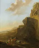 Jan Asselijn, A rocky landscape with figures conversing, oil on canvas