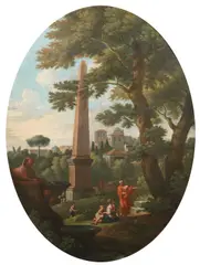 called Orizzonte Jan Frans van Bloemen, Figures resting in Italianate landscapes, within painted ovals, a pair, oil on canvas