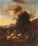Shepherds and shepherdesses in a landscape by Joseph Roos, oil on canvas, sold Feb 2016