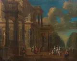 Flemish School, Figures in an architectural capriccio, oil on canvas