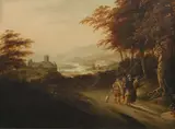 Travellers in a wooded landscape by Dutch School, oil on panel, offered Feb 2016