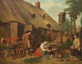 Jan Josef Horemans the Younger, Figures with baskets of vegetables before a barn, oil on canvas