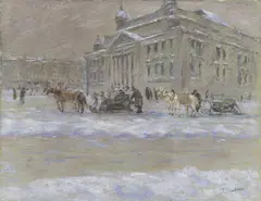 Franz Skarbina, Winterlicher Platz mit wartenden Pferdeschlitten, Pastellkreide auf grünlichem Papier