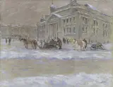 Franz Skarbina, Winterlicher Platz mit wartenden Pferdeschlitten, Pastellkreide auf grünlichem Papier
