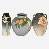 Irene Bishop for Rookwood Pottery, Three Iris Glaze vases