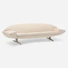 Capri sofa by Johannes Andersen, 1958, upholstery, chrome-plated metal, plastic, sold Apr 2024