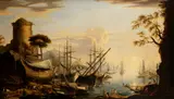 Salvator Rosa, A Mediterranean harbour at sunset, oil on canvas