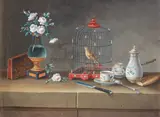 A still life with a bird in a cage with a vase of flowers by called Lelong Johann Rudolf Feyerabend, gouache on paper, offered Feb 2016