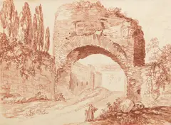 Hubert Robert, A Roman arch, red chalk on laid paper laid down on card