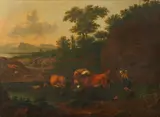 Drovers with their herd in a river landscape by Nicolaes Pieterszoon Berchem, oil on canvas laid down on panel, offered Feb 2016