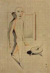 Gottfried Brockmann, Schreitender (Schlemihl), 1926, Tuschpinsel und -feder, Farb- und Bleistift auf Millimeterpapier auf Karton